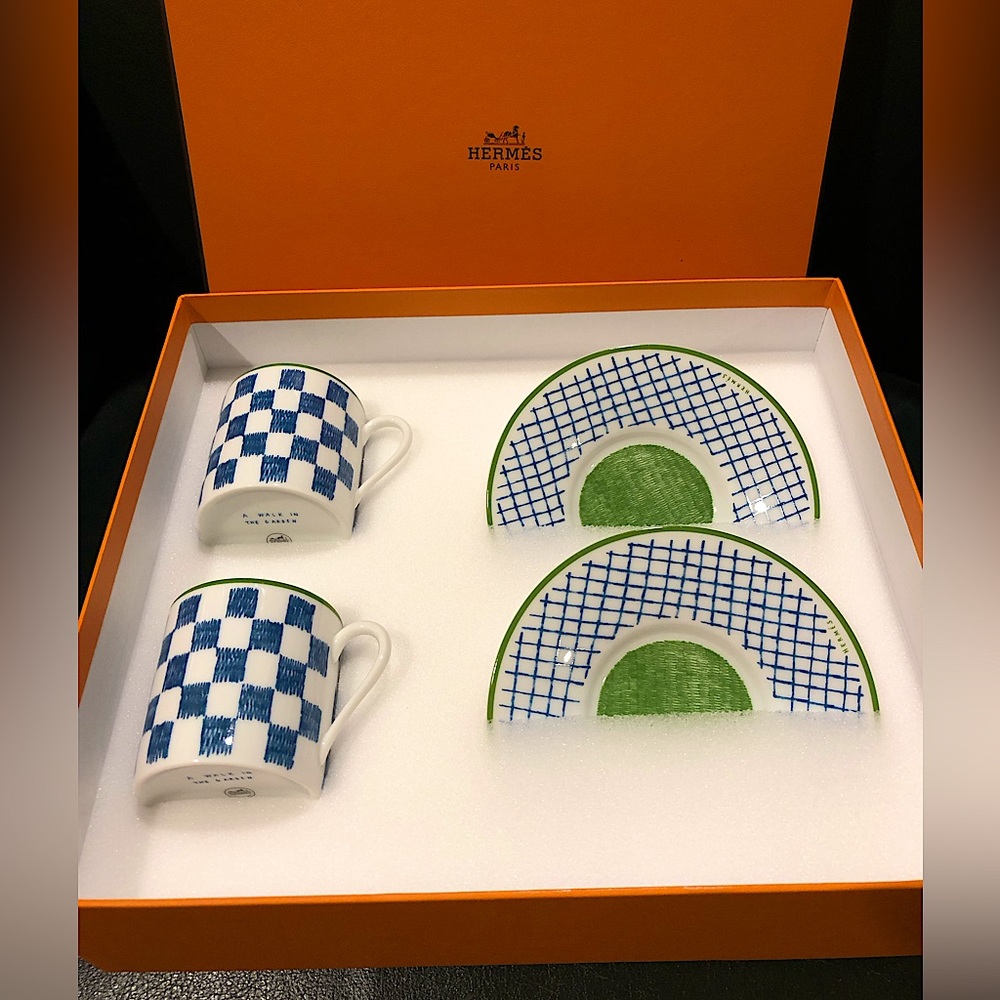 Two sets of Hermes a Walk in the Garden coffee cup and saucer - Blue